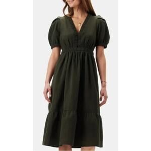 NWT AMOUR VERT Danielle Linen / Cotton Shortsleeve Olive Green Midi Dress Size S
